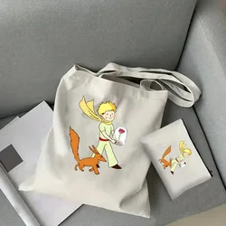 2pcs Little Prince Ladies Handbag Cosmetic Bag Canvas Large Capacity Shoulder Bag Eco-friendly Portable Travelling Shopping Bag