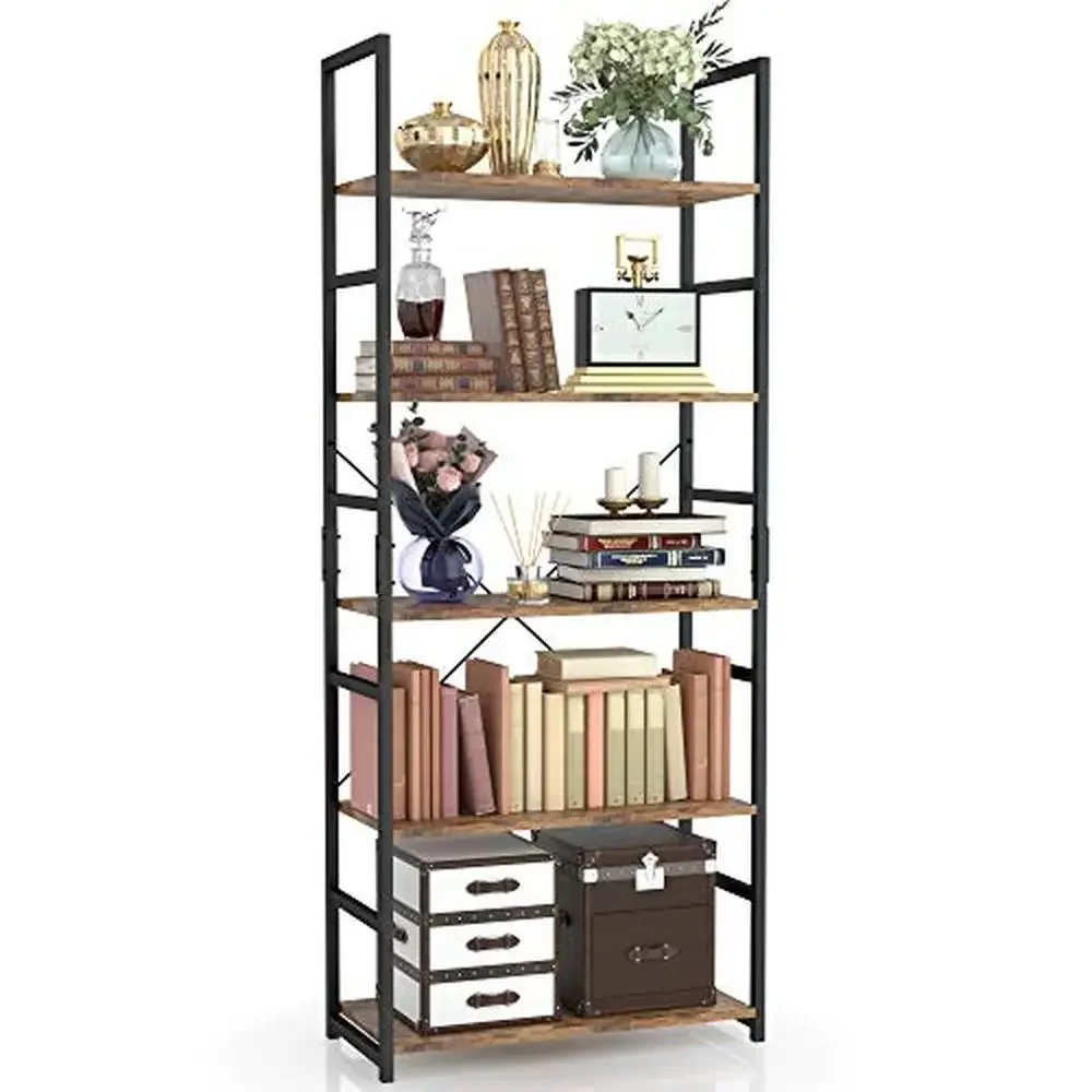 Modern 5 Tier Steel Bookshelf Home Office and Living Room Water Resistant Shelf Organizer with Anti-Scratch Panel Sturdy