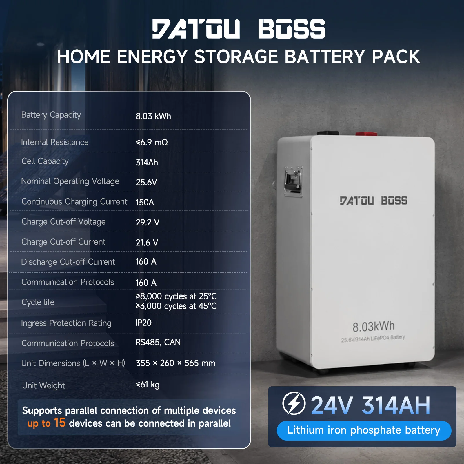 DATOUBOSS 8.03kWh 24V314Ah Lithium Battery(WiFi)+3.3kW 24V Hybrid Inverter Solar Home System