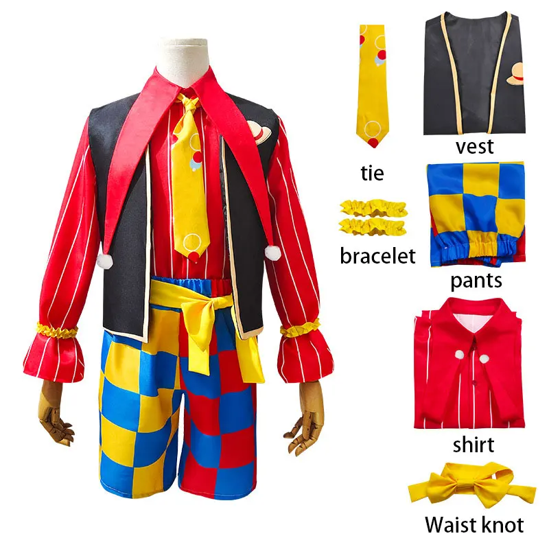 

Circus clown cosplay costume: red striped shirt paired with checkered shorts, full set of men's humorous clown role-playing cost