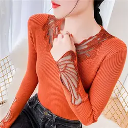 Koronkowa patchworkowa koszula z dołem damska 2024 Nowy jesienno-zimowy sweter z diamentami Slim Knitting O-neck Długi rękaw Pullovers Top Tee