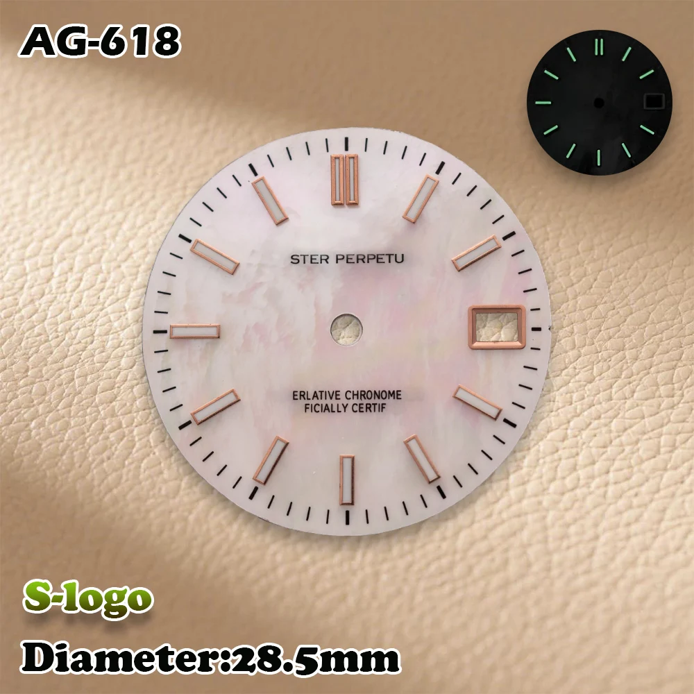 Sロゴ 28.5mm NH35 ログ マザーオブパール文字盤 NH36ムーブメント グリーン夜光 メンズ腕時計改造アクセサリー