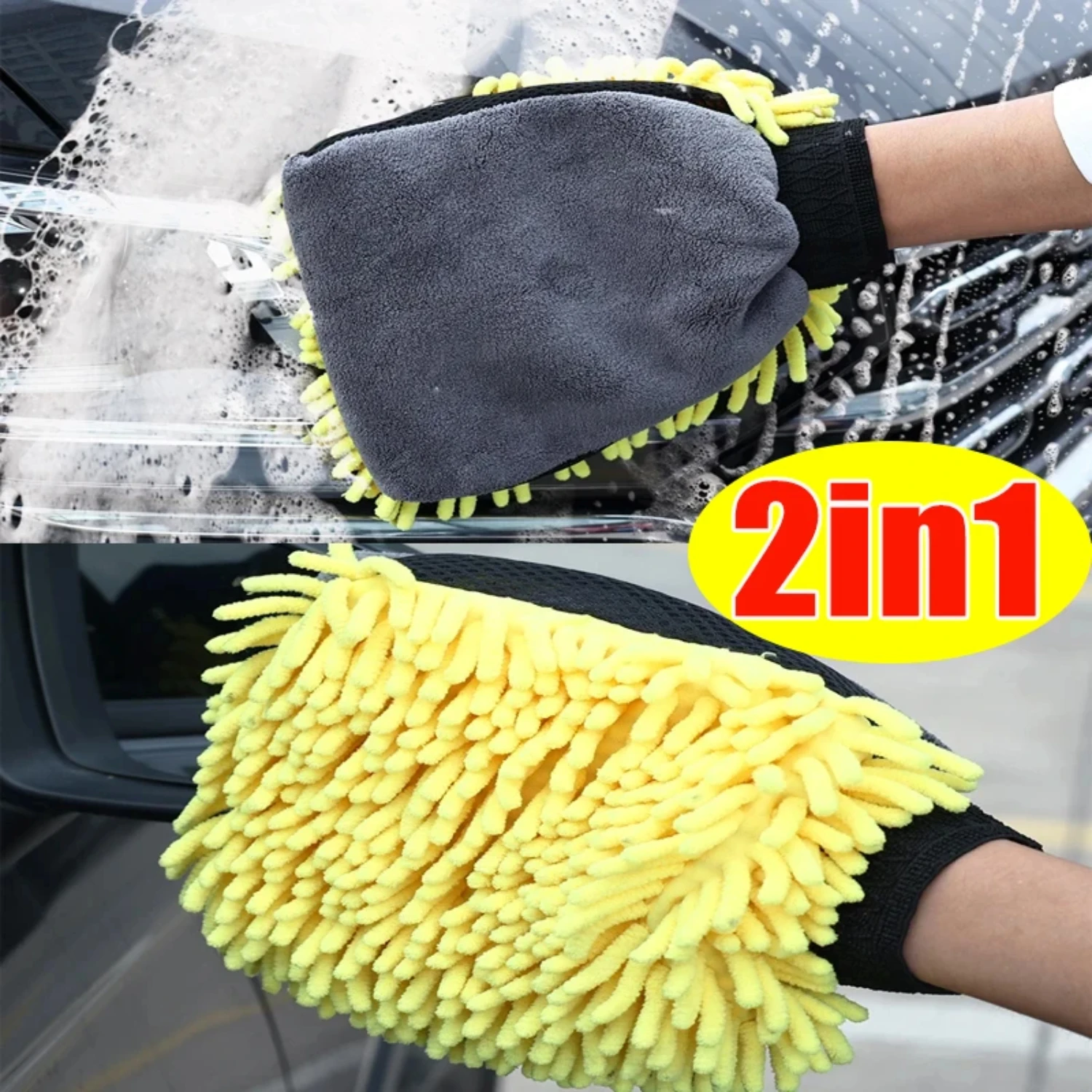 

2 In 1 Coral Fleece Car Wash Gloves Thickened Cars Cleaning Gloves Absorbent Brush Gloves Auto Detail Care Cleaning