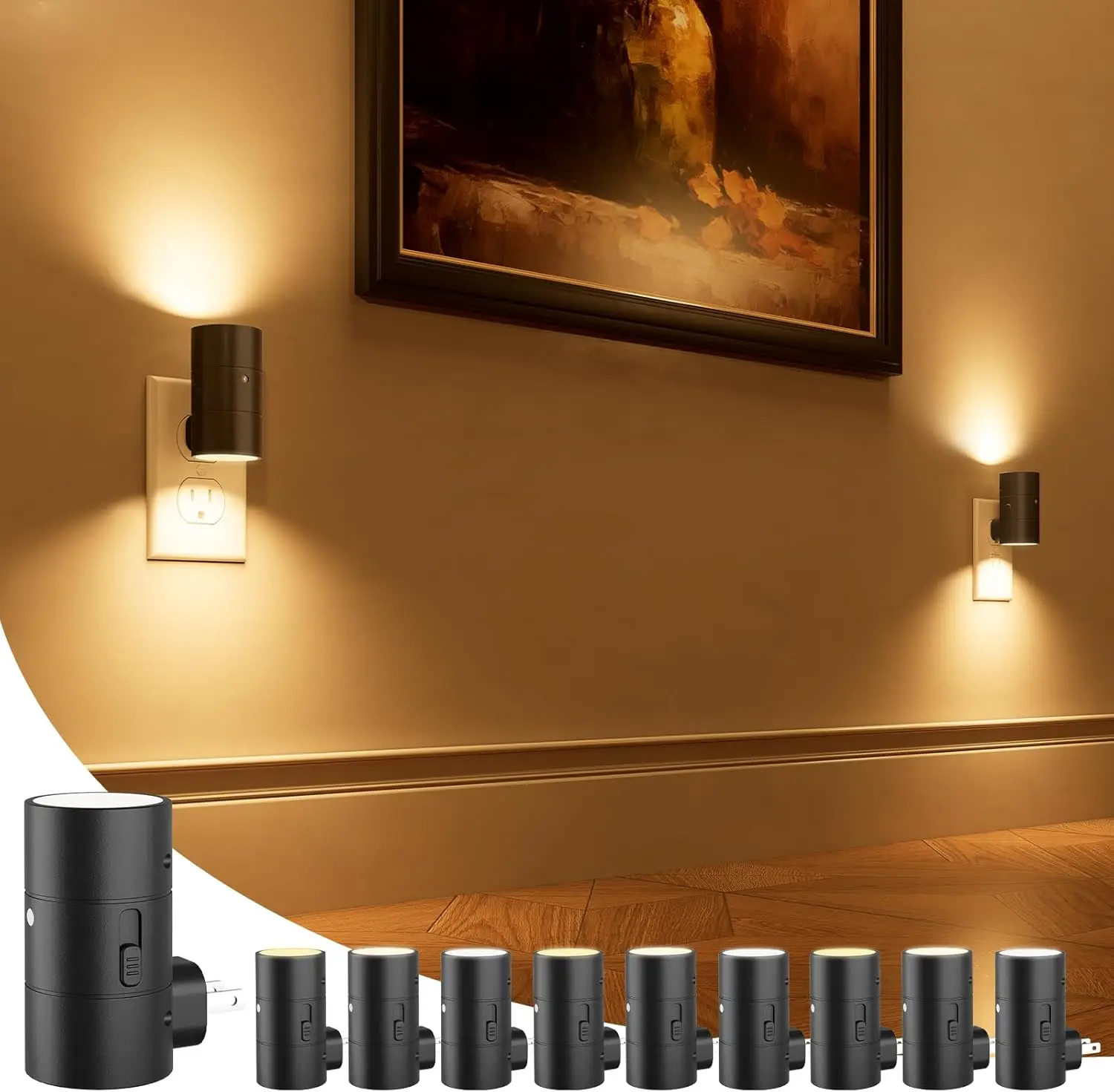 

Dimmable Night Light with Auto Sensor, 3 Colors, Ultra-Slim for Hallway Bathroom Bedroom (10 Pack Black)