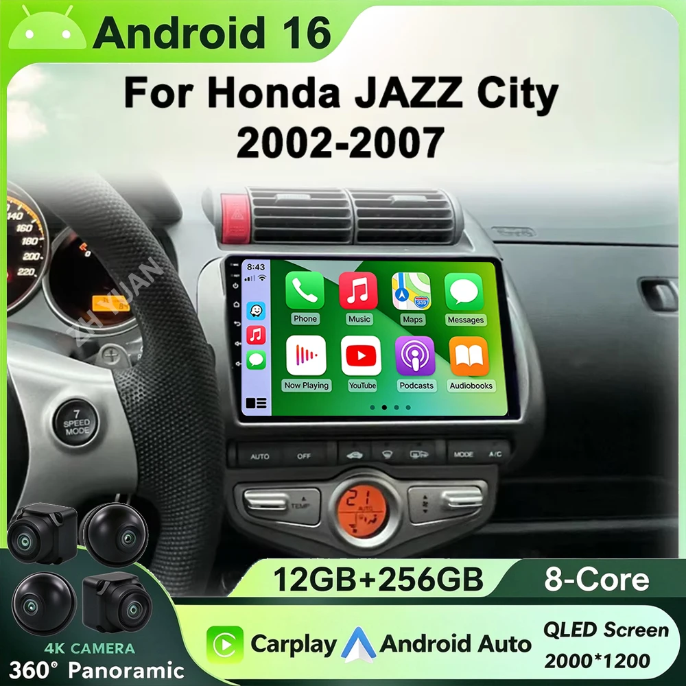 Android 16 For HONDA JAZZ City 2002-2007 Wireless CarPlay Auto Car Radio Stereo Navigation Multimedia Player GPS WIFI BT FM Audi