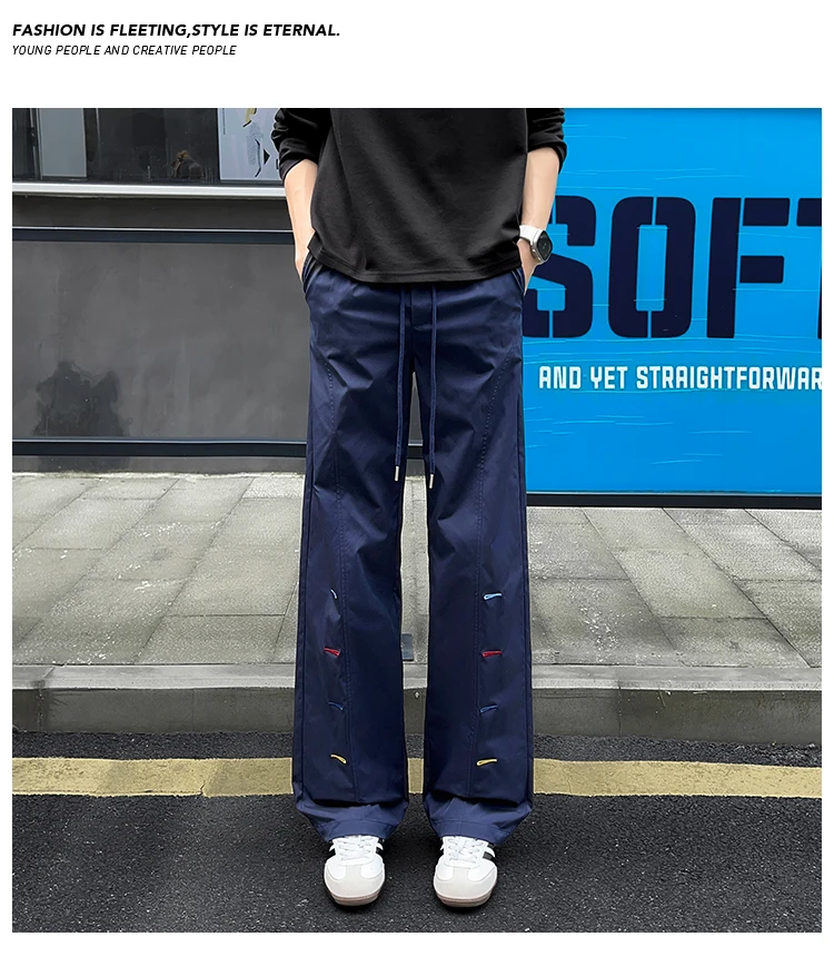 Bunte Herrenhose mit Ziernähten, weitem Bein, elastischem Bund, Kordelzug, lockerer, gerader Schnitt, lässige Streetwear-Sport-Hose – Detail 24