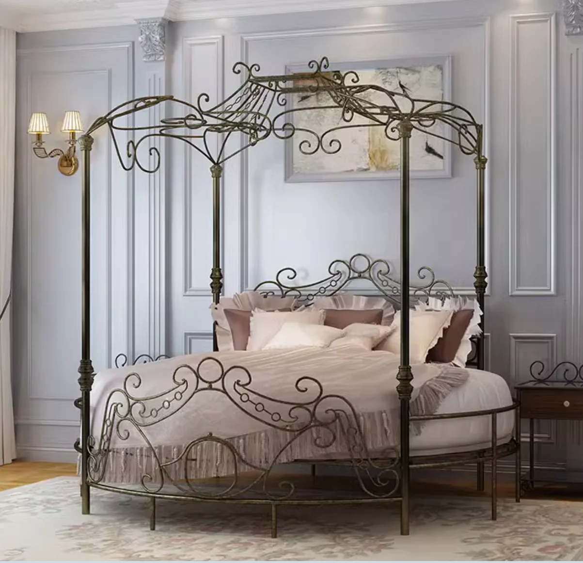 Wrought iron bed European Princess round bed couple bed retro style bed iron frame bed