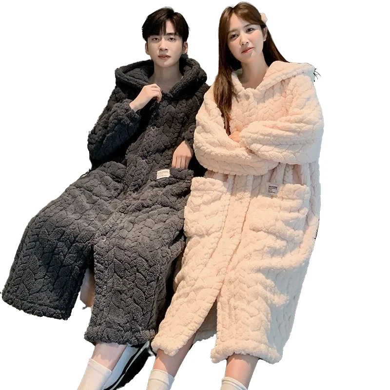 Hooded Robe Men Couple Sleepwear Bathrobe Fleece Winter Night Wears Warm Pajama One Piece Nightgown Solid Pocket Homewear 2024