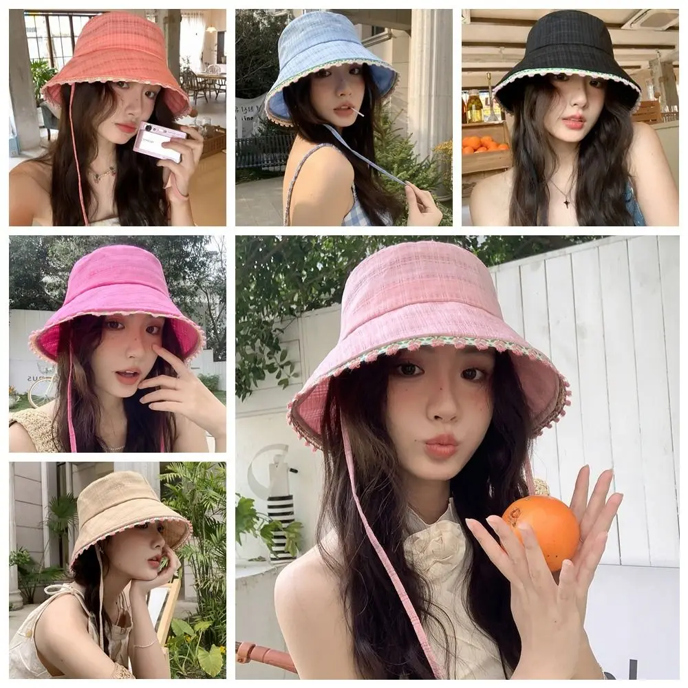

Elegant Sweet Summer Fisherman Hat Big Brim French Style Lace-up Sun Caps Foldable Japanese Women's Sun Hat Beach