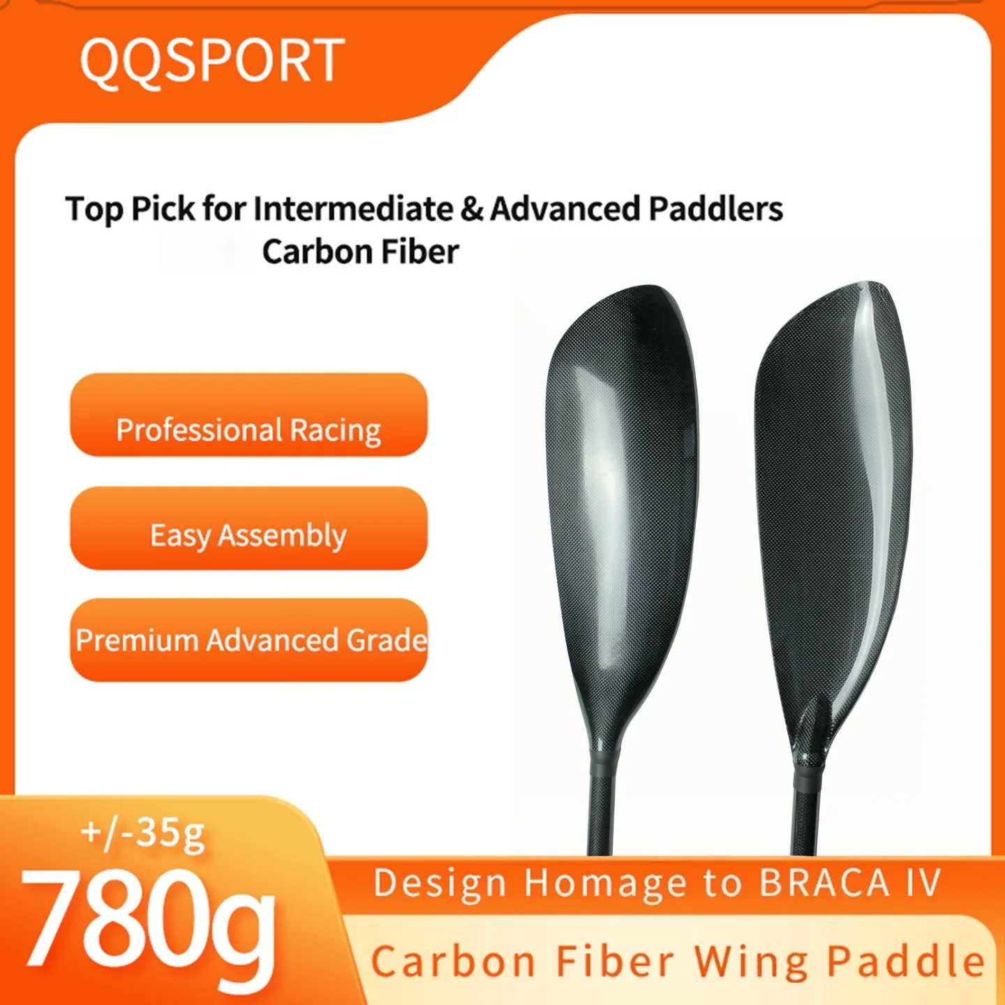 QQSPORT Paddel, Carbon Fiber Braca IV Medium Wing Paddle, Spoon Kayak Aluminiumklemme und kostenlose Tasche – Q03