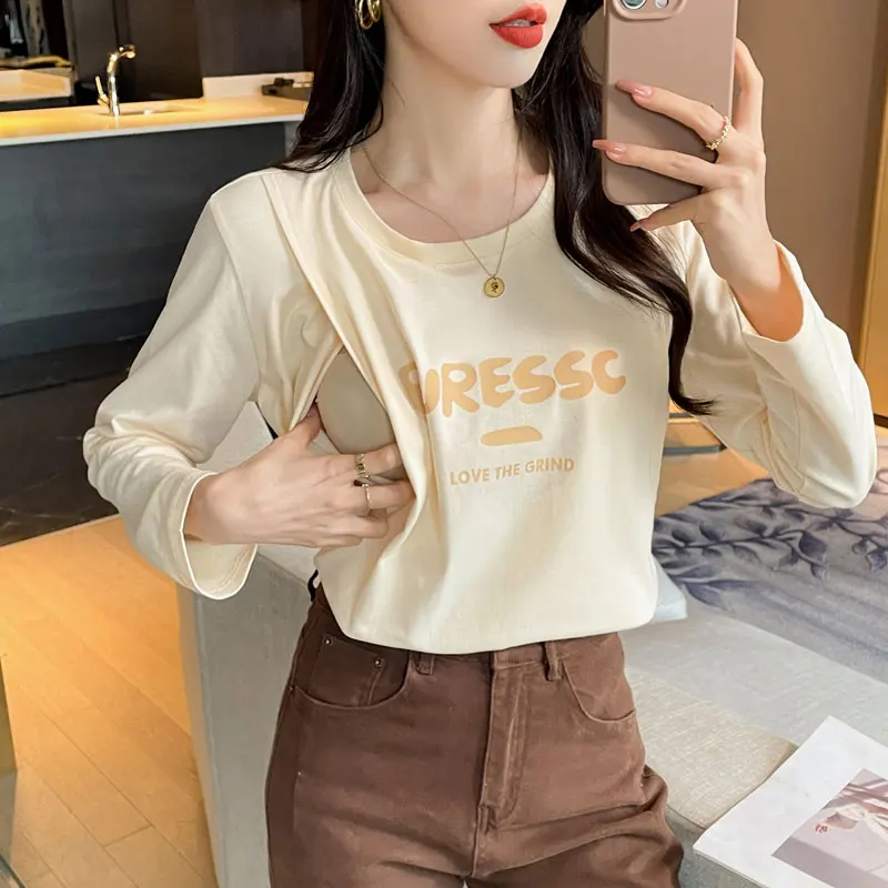 Striped Cotton Maternity Nursing Tees Casual Long Sleeve O-Neck Breastfeeding T Shirts For Pregnant Women Lacation Tops Autumn P