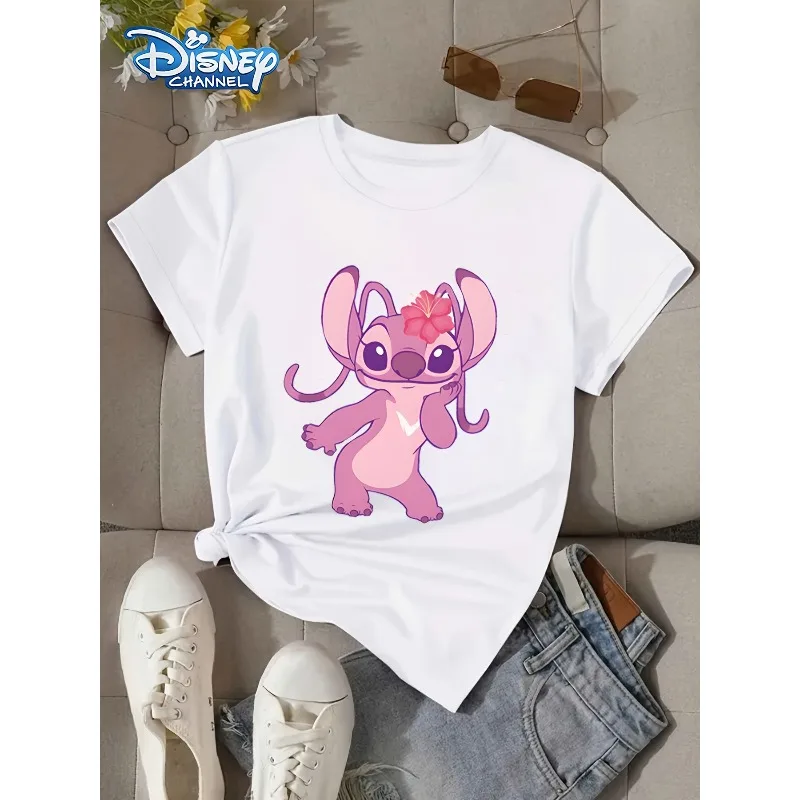 

The Main Body of The 2025 New Casual Cute T-shirt Is A Women's T-shirt Top with The Disney Character Angel Pattern Printed on It