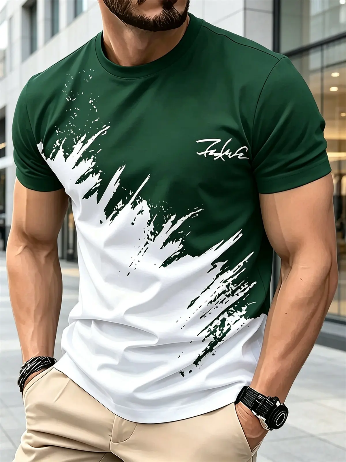Men's T-shirt Black White Color Block Splash Paint Print Short Sleeve Tees Hip Hop Streetwear Patchwork Tops O-Neck Clothes