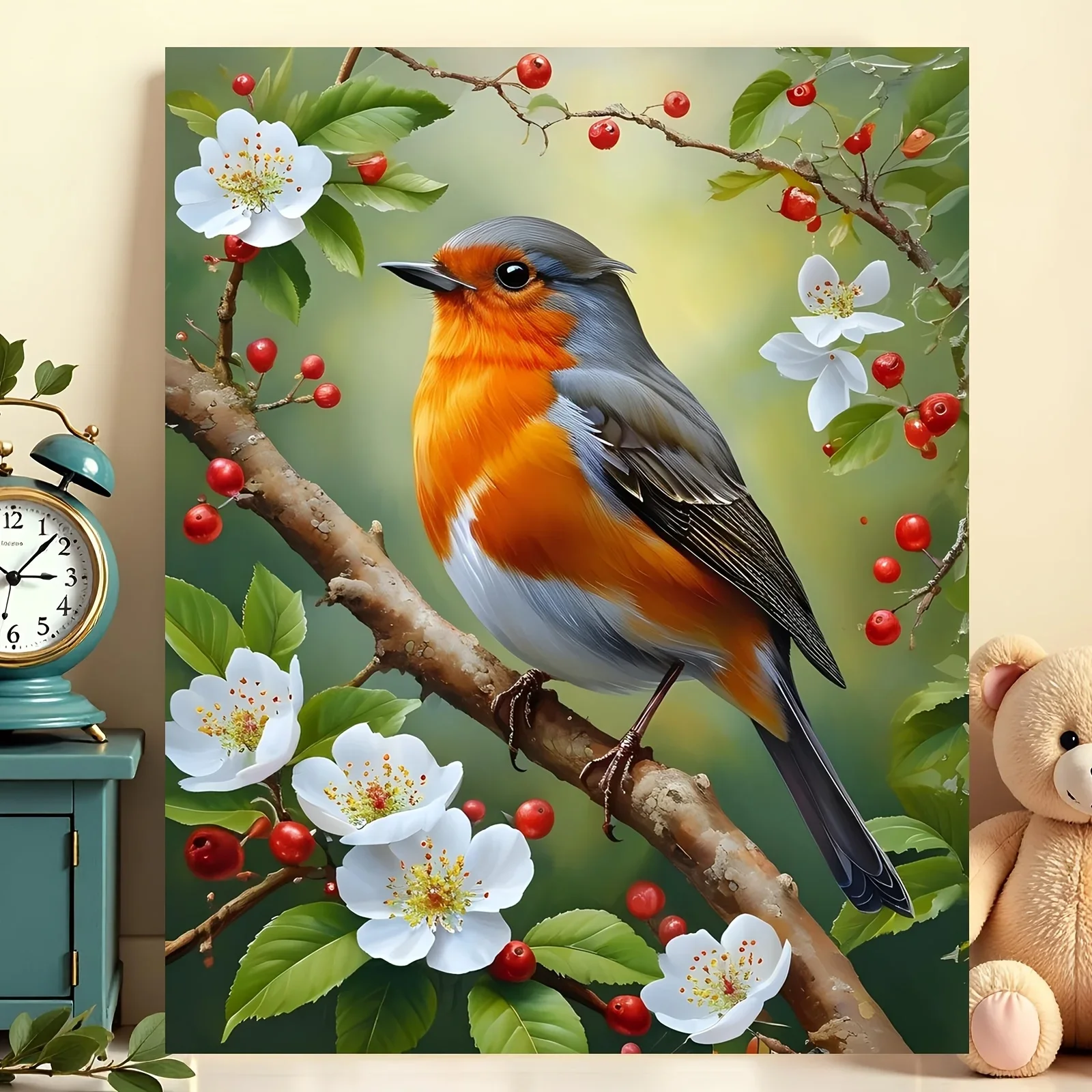 Professional Art Use A Frameless 2D Flat Design Featuring a Small Bird Perched on a Branch with Vibrant Flowers And Red Fruits,