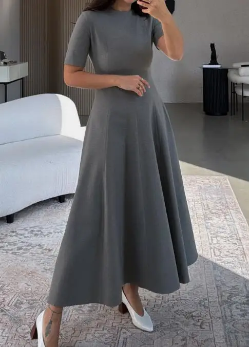 

Tailored Women's Dress with Mature Summer Temperament, Round Neck Line Splicing, Waist Cinching A-Line Short Sleeved Dress