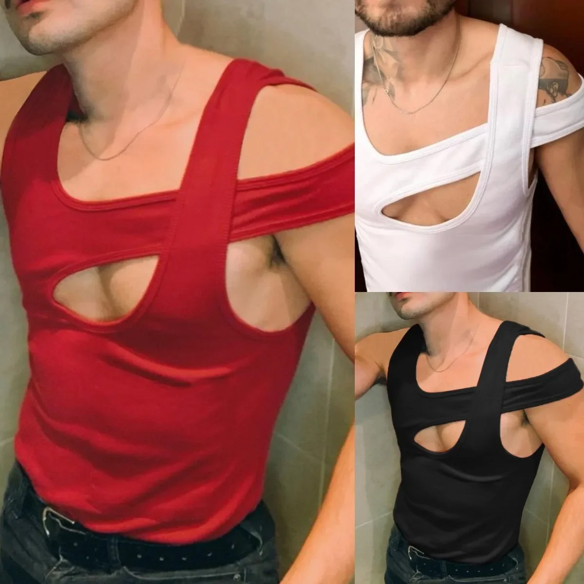 

Summer Men's Cotton T-shirt Vest Bottoming Shirt Street Fashion Casual Irregular Shoulder Strap Vest Men