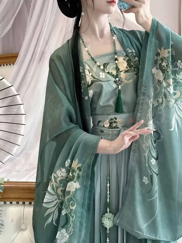 Oversizd 7XL Hanfu Jurk Vrouwen Chinese Vintage Hanfu Sets Halloween Cosplay Kostuum Gedrukt Hanfu Groen 3 stks Sets Plus Size 8XL