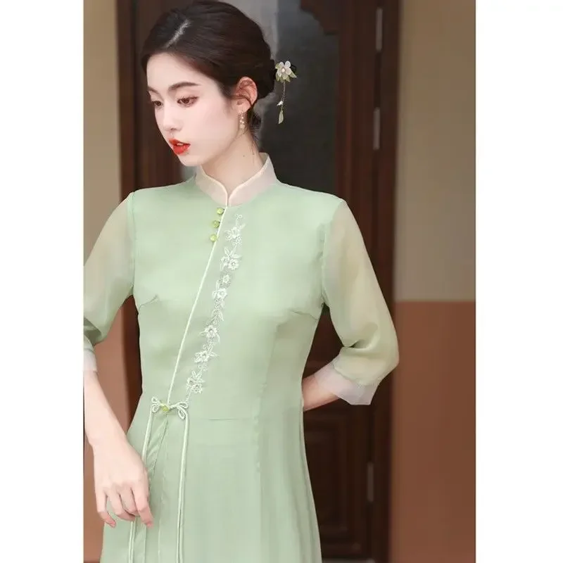 فستان حفلات فني للشاي من Hanfu بتصميم كلاسيكي فيتنام آو داي فستان نسائي أنيق يومي من Hanfu آو داي فستان تشيباو اليومي المحسن