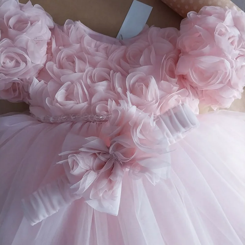 

Girls Mesh Flower Sweet and Cute Bow Puff Sleeve Princess Dress
