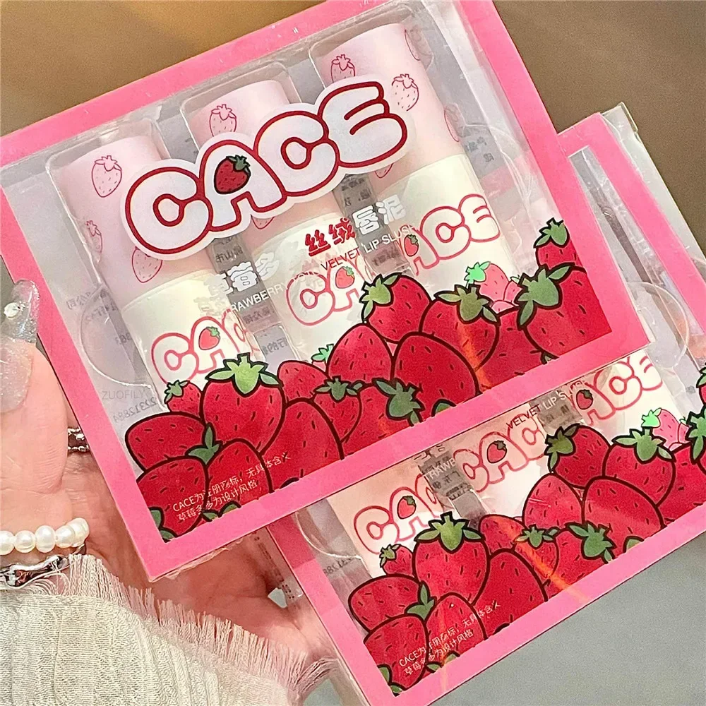 Cute Strawberry Lip Mud Matte Velvet Non-Fading Non-stick Cup Lip Glaze Waterproof Long-lasting Moisturizing Matte Lip Gloss Set