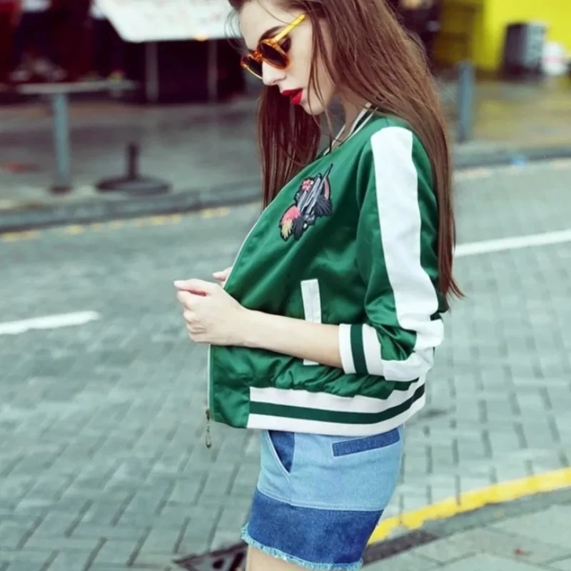 Female Baseball Aviator Coats Green Fashion Short Women's Bomber Jackets Offer Modern Great Korean Reviews Clothes Youthful Chic