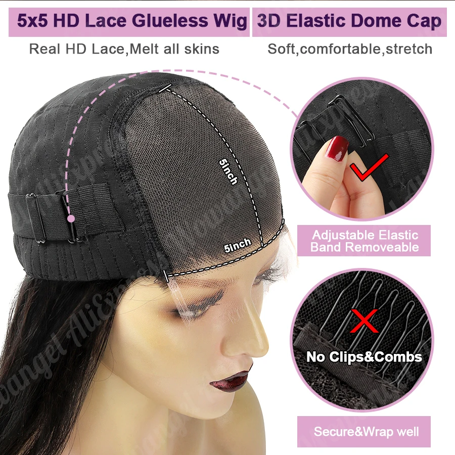 باروكات شعر بشري بدون أصماغ جاهزة لارتداء الشعر المستعار 5X5 عالي الدقة باروكات برباط لإغلاق الشعر المستعار أومبير باروكات مستقيمة باروكات قصيرة للنساء