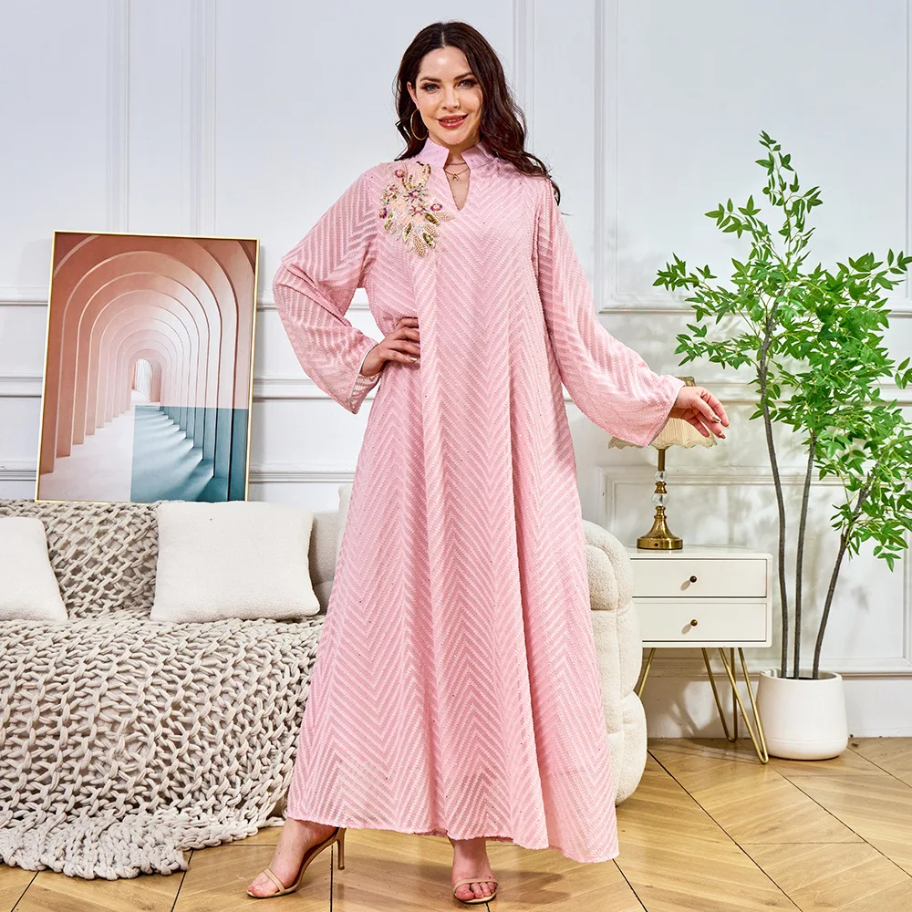 رمضان المرأة العرقية نمط مسلم مطرز الترتر فستان محكم من عند الصدر ويتدلى بشكل واسع موضة جلابية ثوب تقليدي دبي عباية حفلة عالية الجودة