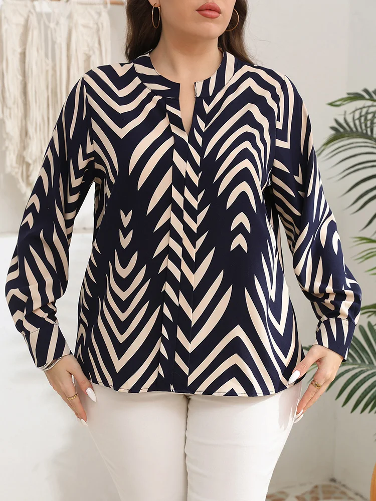 GIBSIE プラスサイズ レトロプリント ノッチネック ルーズシャツ レディース 2025 秋新作 長袖 オフィス カジュアル レディース トップス＆ブラウス