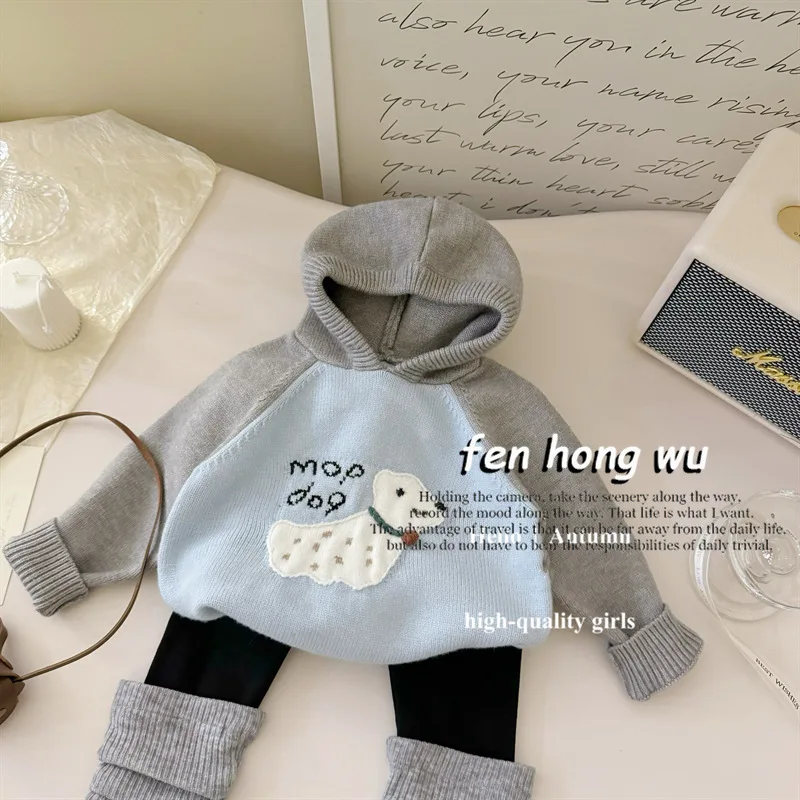 【Autumn children's clothing】South Korea Children's Clothing Baby Girl Blue Puppy Hooded Sweater Soft Glutinous Bunching Socks Le