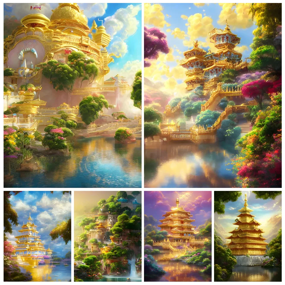 5D DIY Diamond Painted Landscape Picture Mountain, Lake, Forest Tower Photo Full Diamond Handmade Diamond Mosaic Landscape Gift