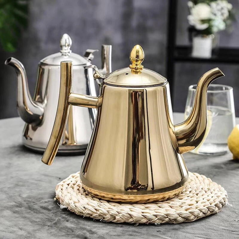 1pc Kitchen Thick Stainless Steel Teapot Golden Silver Tea Pot With Infuser Coffee Pot Induction Cooker Tea Kettle Water Kettle