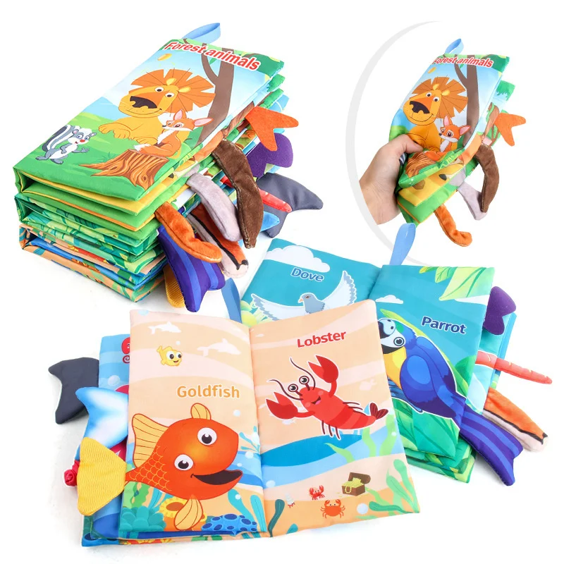 New Baby Toys Cartoon Animals Tail Baby Cloth Book Educational Ringed Paper Cloth Book Toys Enlightenment Baby Toys 0 12 Months