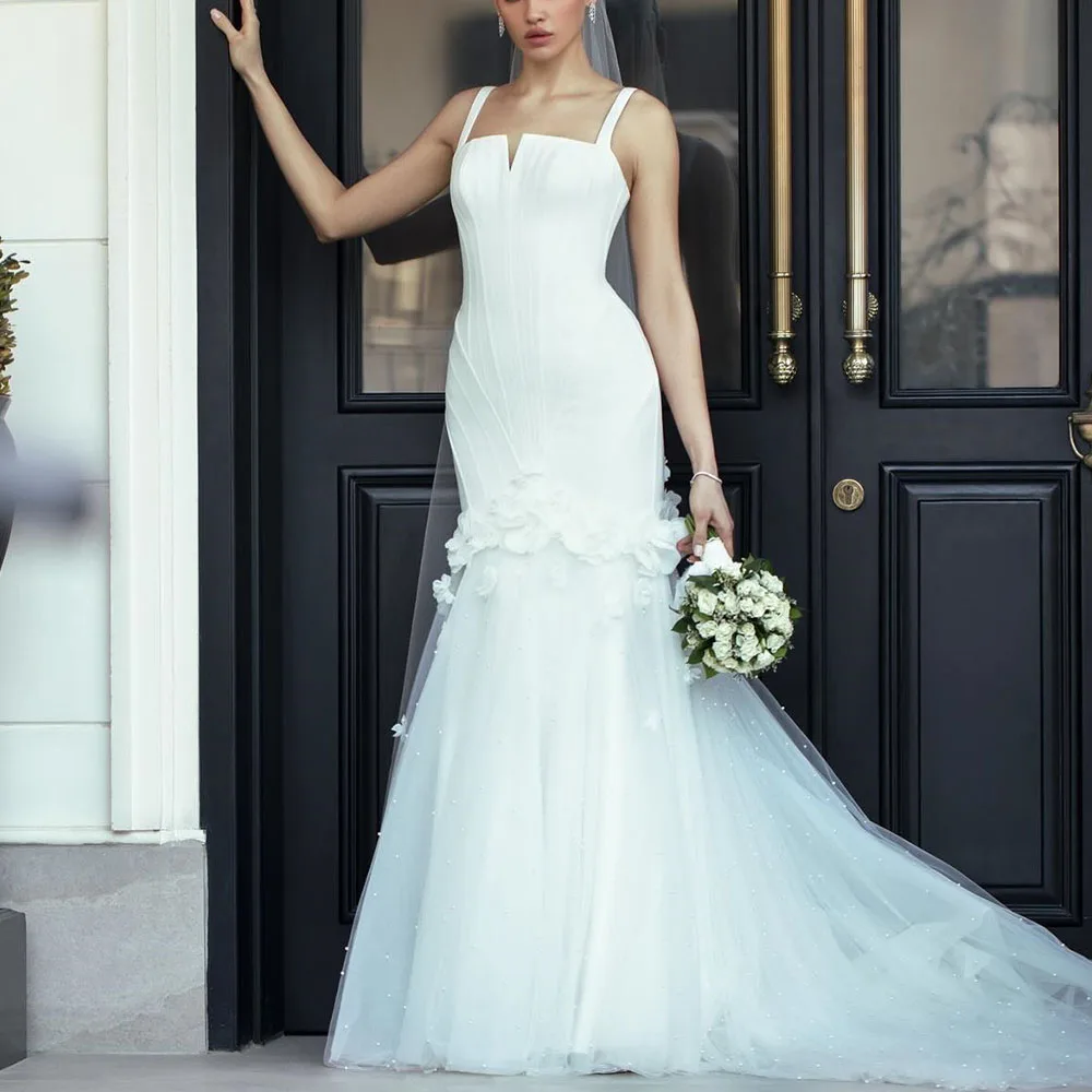 

Customized Classic Pleats Flowers Crystal Square Neck Spaghetti Straps Evening Dress Temperament Mermaid White Organza
