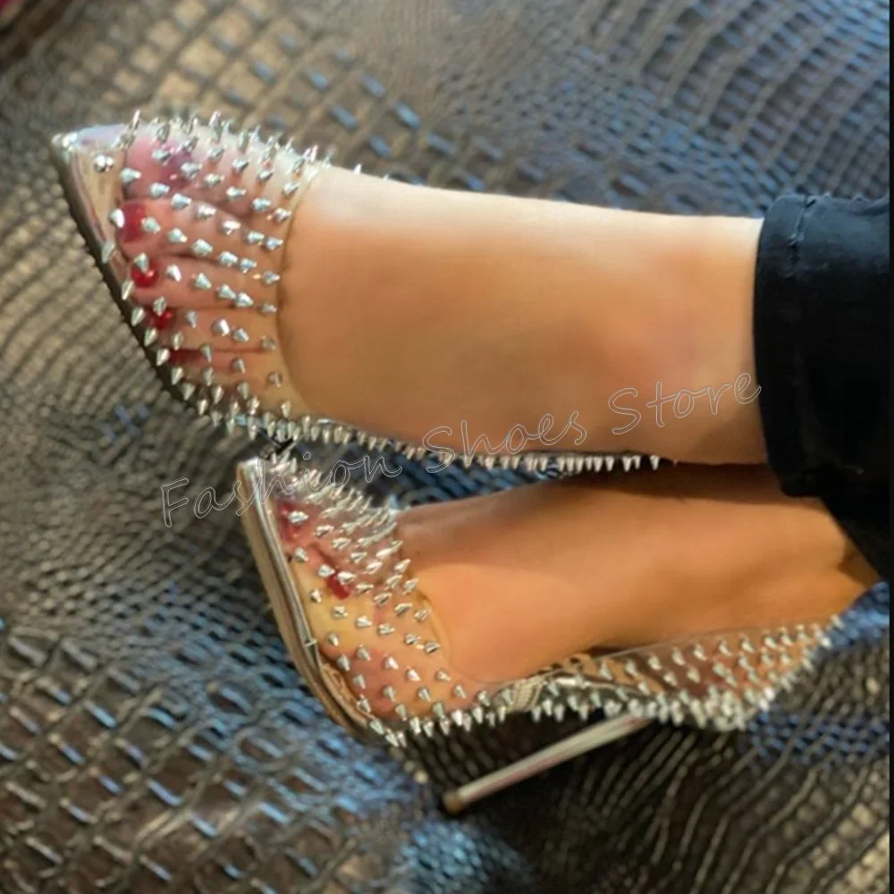 

Silve Rivet Decor Pointed Toe PVC Pumps Stilettos High Heels High Heel Shoes for Women Sexy Heels 2025 New Zapatos Para Mujere