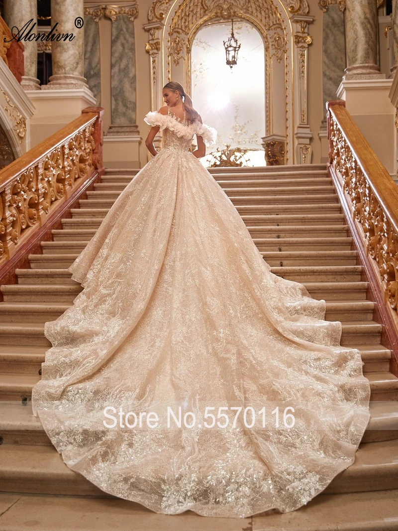 Alonlivn Delicate Beading Embroidery Lace A-Line Wedding Dress Chapel Train Luxury Champaghe Bride Gowns