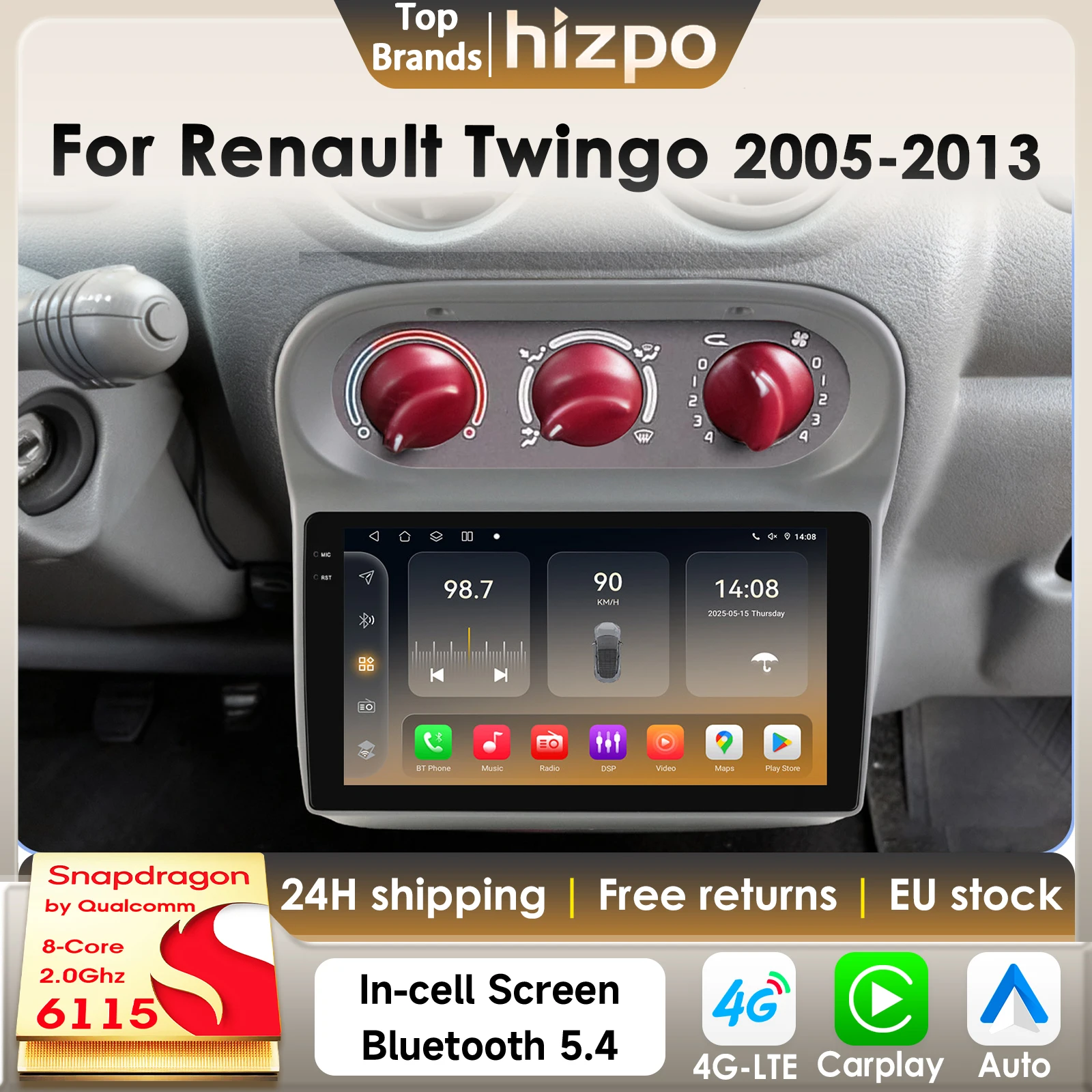 Hizpo 8Core 2Din Android 14 Autoradio für Renault Twingo 2005–2013 Auto Multimedia GPS 4G Carplay von Qualcomm Snapdragon 6115