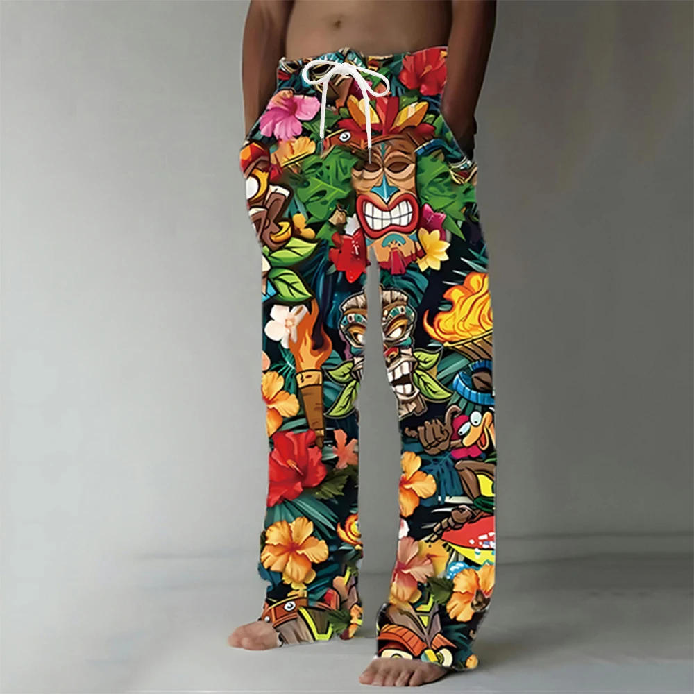 Men\'s Trousers Summer Beach Pants Drawstring Elastic Waist Totem Printing Comfort Casual Long Pants