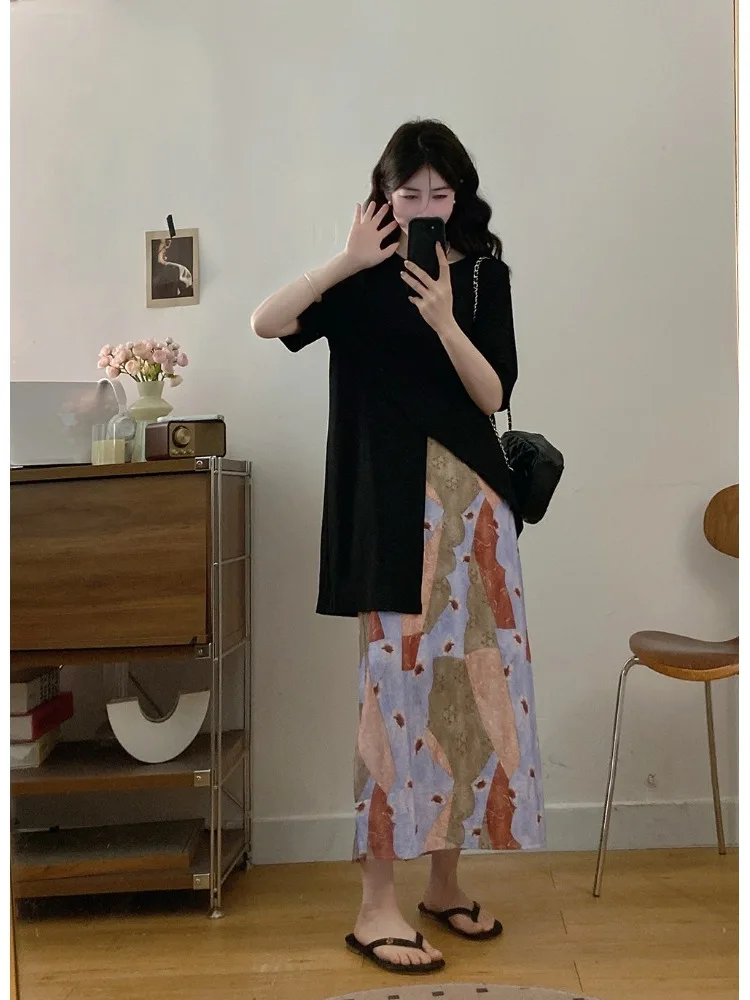 

plus Size Fashionable Asymmetrical Loose Short Sleeve T-Shirt Women's Summer Vintage Print High Waist Slim A-Line Skirt Set