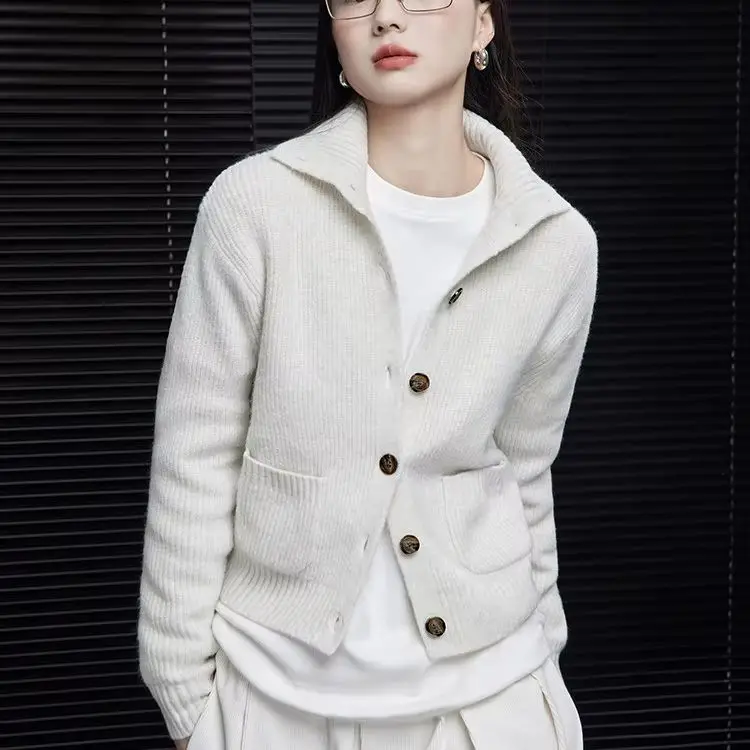 White cashmere knitted turtle neck cardigan coat new lazy wind high sense.