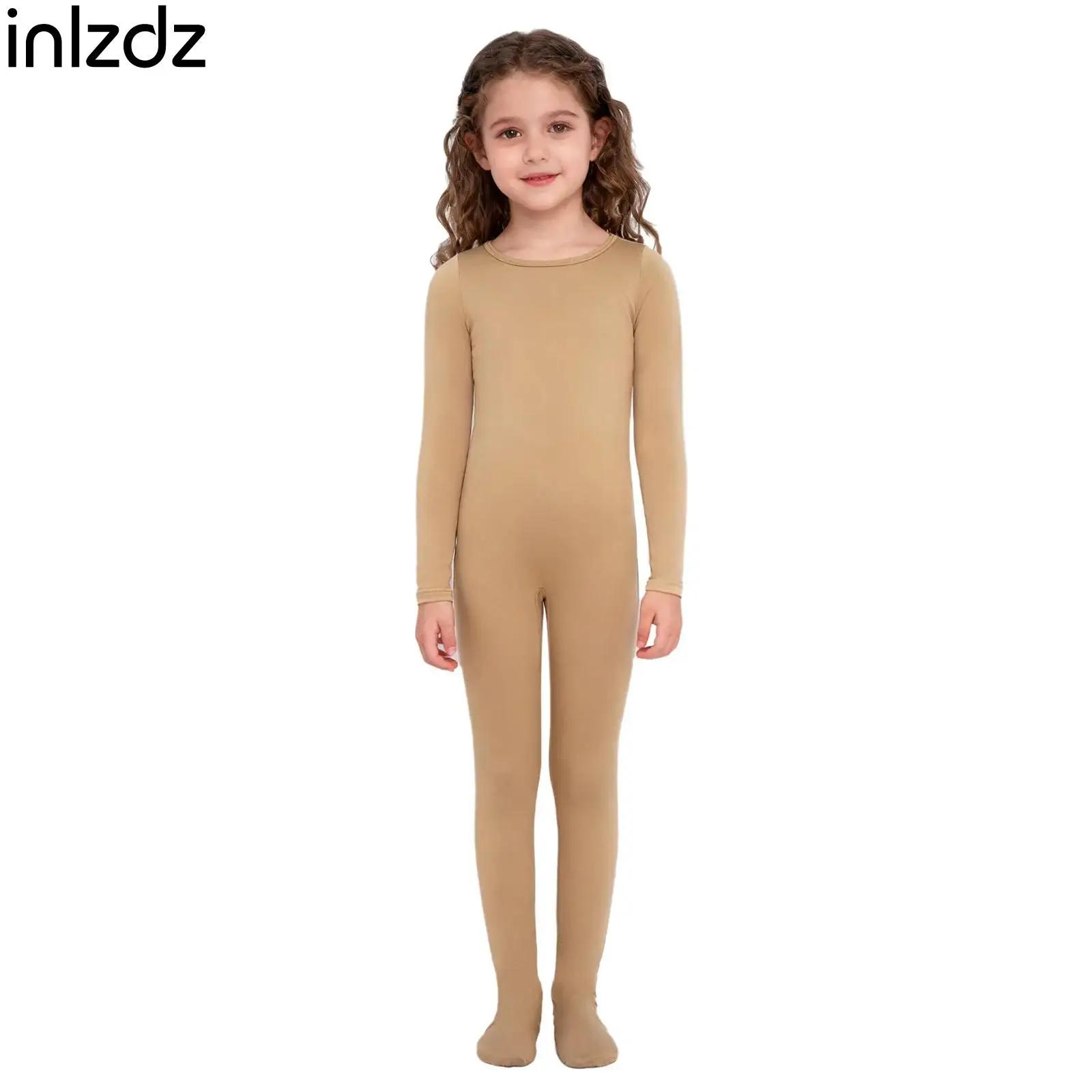 

Girls Long Sleeve Gymnastics Figure Skating Ballet Dance Costume Solid Color Footed Jumpsuit Practice Warm-Up Training Costume