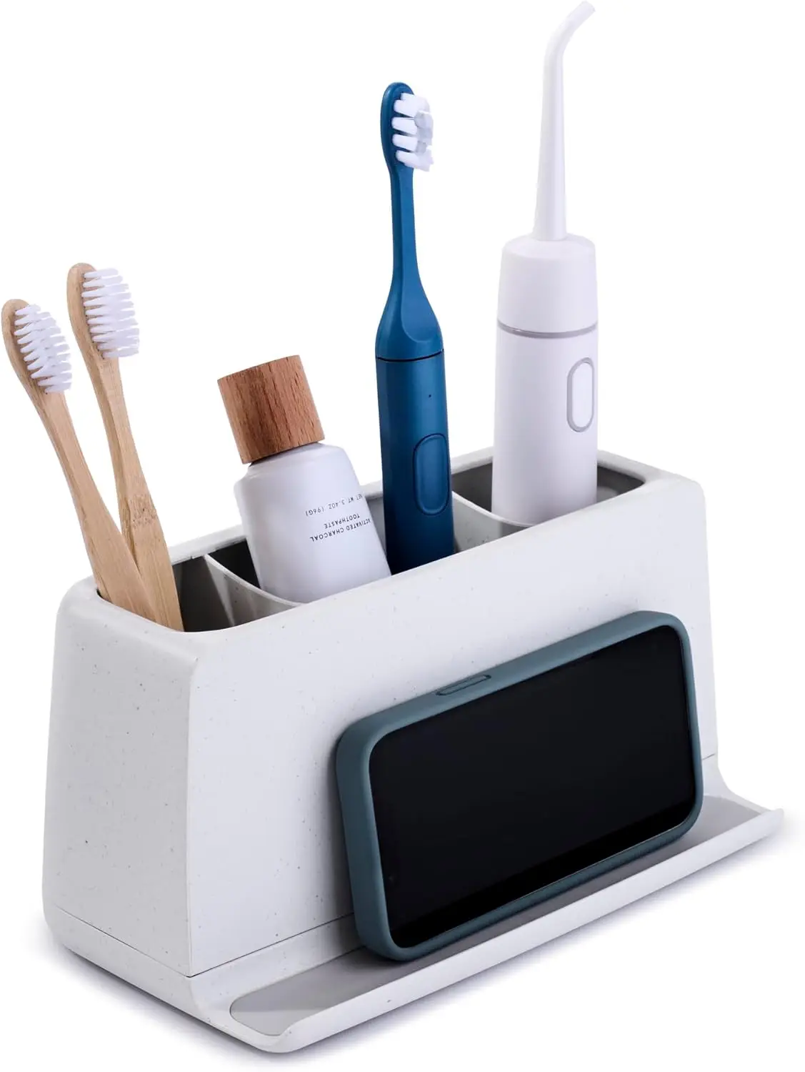 

The Ledge Toothbrush Holder, 3-Slot, Bathroom Vanity Counter Organizer with Cord Slots, Removable Base and Storage for Phones, T