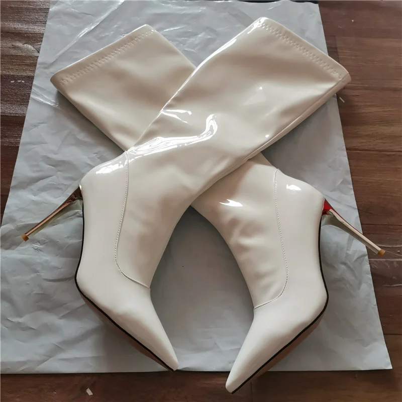 Women High Boots Sexy Zipper Black Red White Knee High Boot Thin Heels Patent Women\'s Autumn Winter Dance Shoes Large Size 45 48