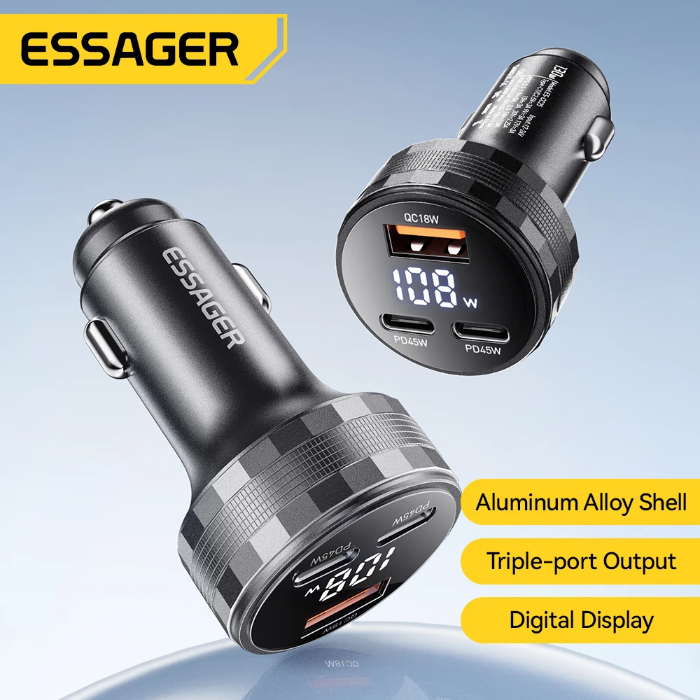 Essager 108W 3Ports USB chargeur de voiture affichage numérique PD3.0 Charge rapide Charge rapide 3.0 adaptateur pour iPhone 16 15 Xiaomi Samsung