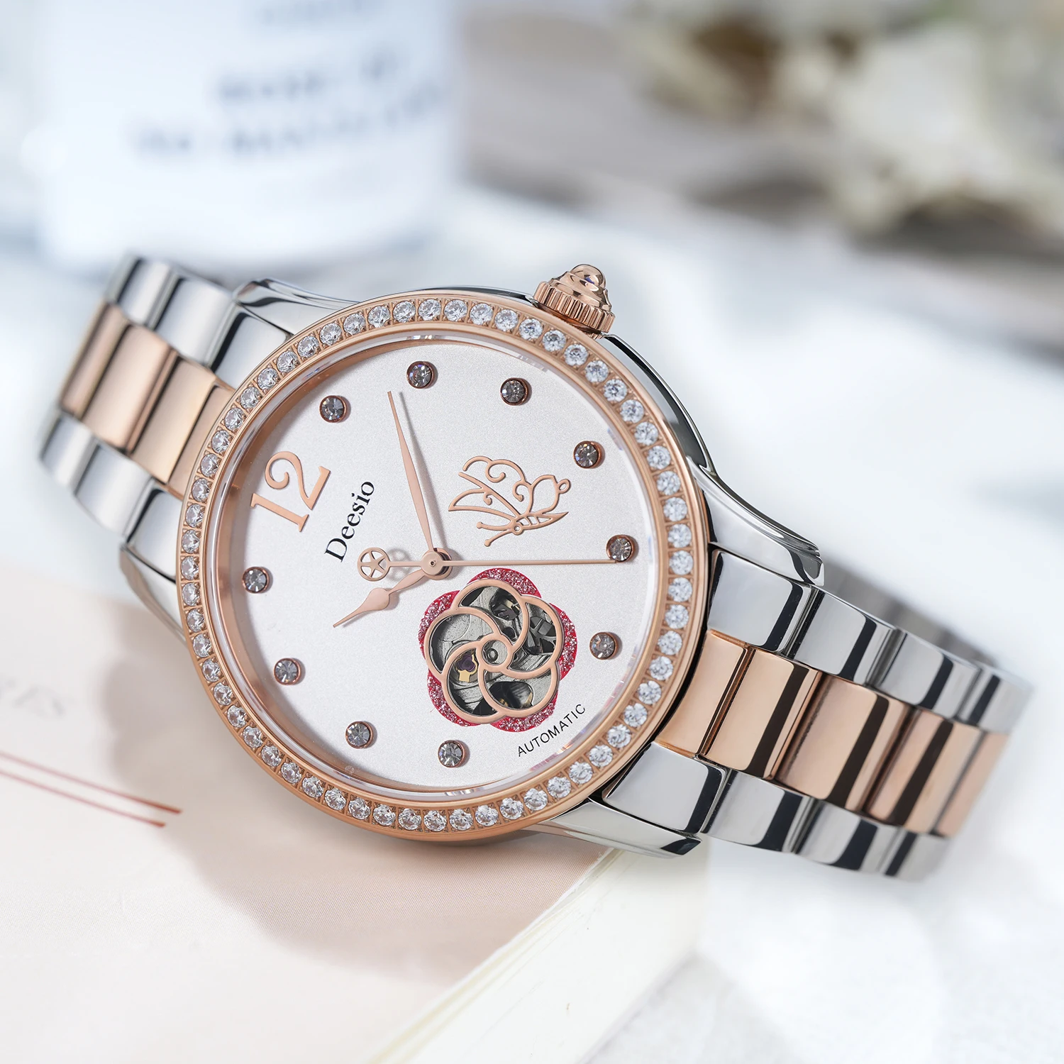 Deesio Women's Mechanical Watch Skeleton Stainless Steel 50M Waterproof Luxury Wristwatches Ladies Gift Elegant Dress Wristwatch