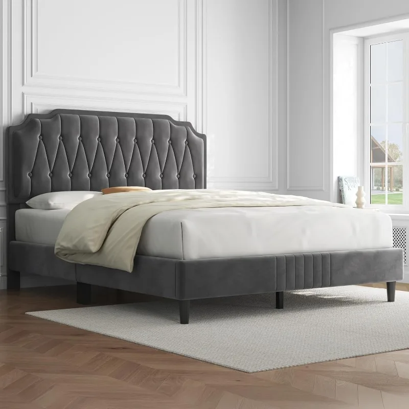 

Каркас кровати размера «queen-size» Кровать-платформа с бархатной обивкой и изогнутым изголовьем, регулируемое по высоте изголовье/безшумное/деревянное S