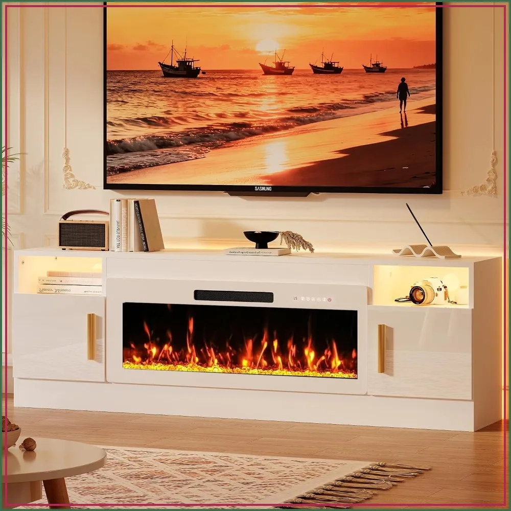 Fireplace TV Stand with 40'' Electric Fireplace for TVs up to 80 inch, LED High Gloss Console