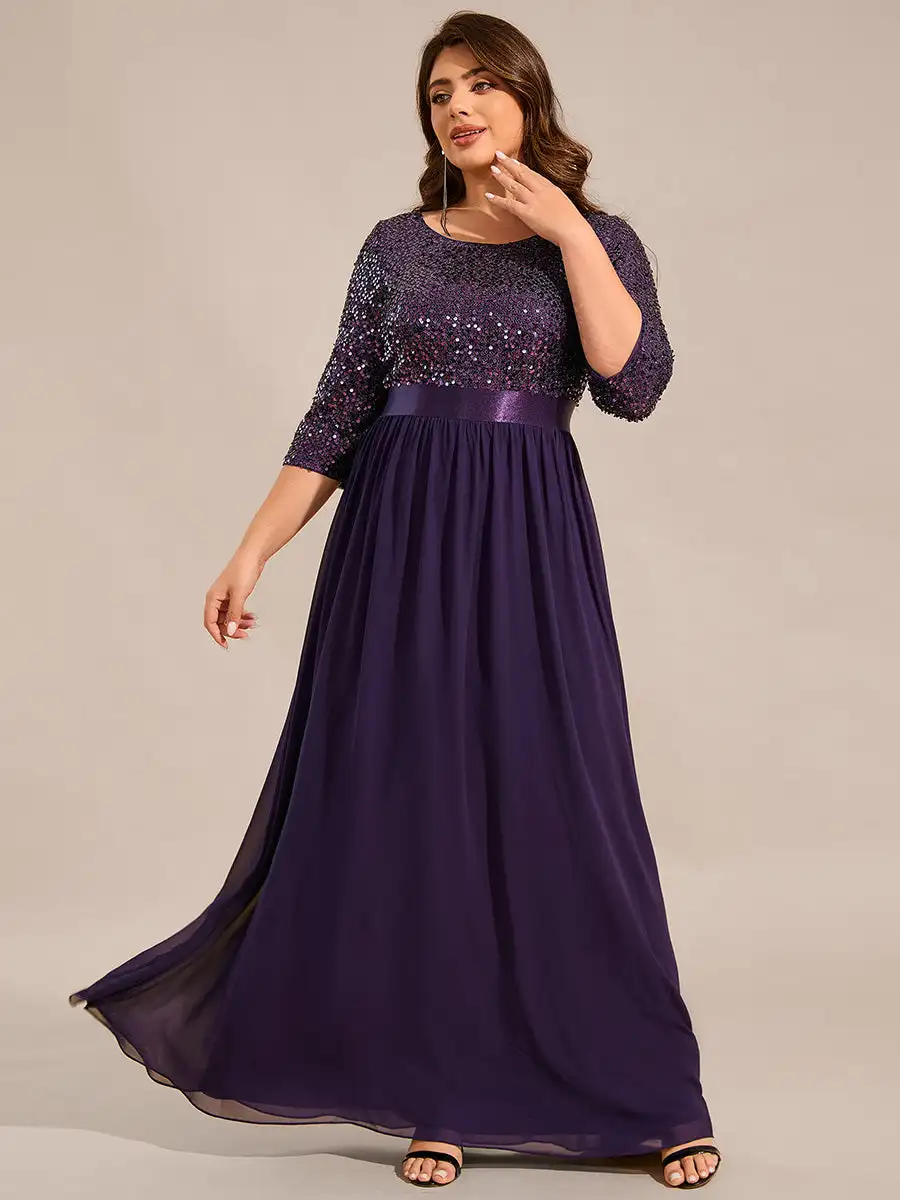 Plus size Evening Dresses Long sleeve O-Neck 2025 Ever pretty of A-LINE Sequin Dark Purple Bridesmaid dress