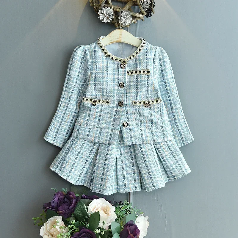 

Fall Kids Clothing Girls Outfits Girls Suit 2022 Spring Autumn Long-sleeved Plaid Top +skirt Two-piece Sets Wholesale Clothing