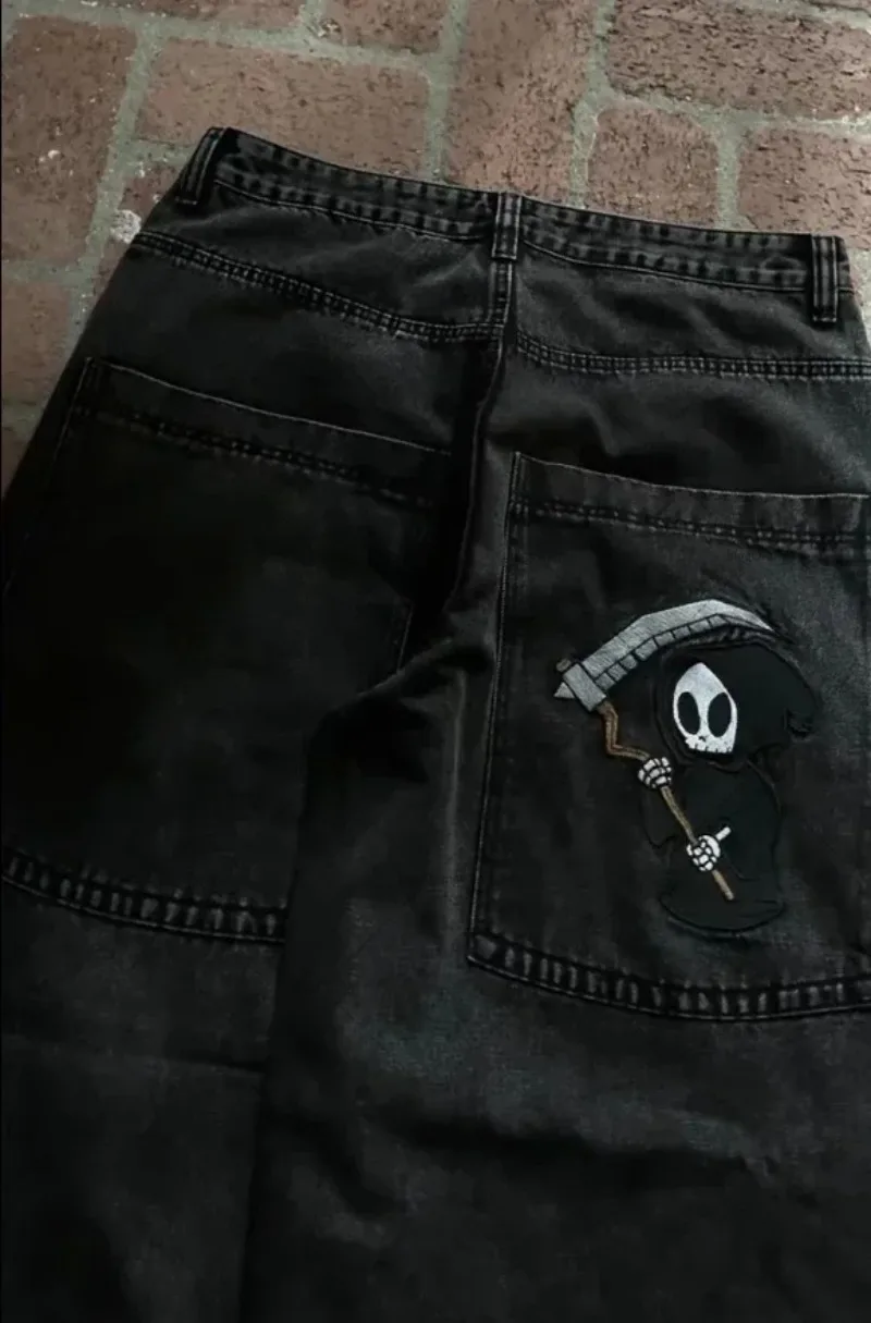 الهيب هوب الشرير Harajuku فضفاض الجينز الرجال القوطية خمر الشارع الشهير بنطلون شارع العليا الرجعية الهيكل العظمي عالية الخصر السراويل المستقيمة #2