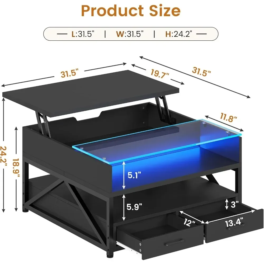 Mesa de centro elevatória de 31,5" com armazenamento, mesa de centro LED com grande compartimento de armazenamento oculto e prateleiras abertas